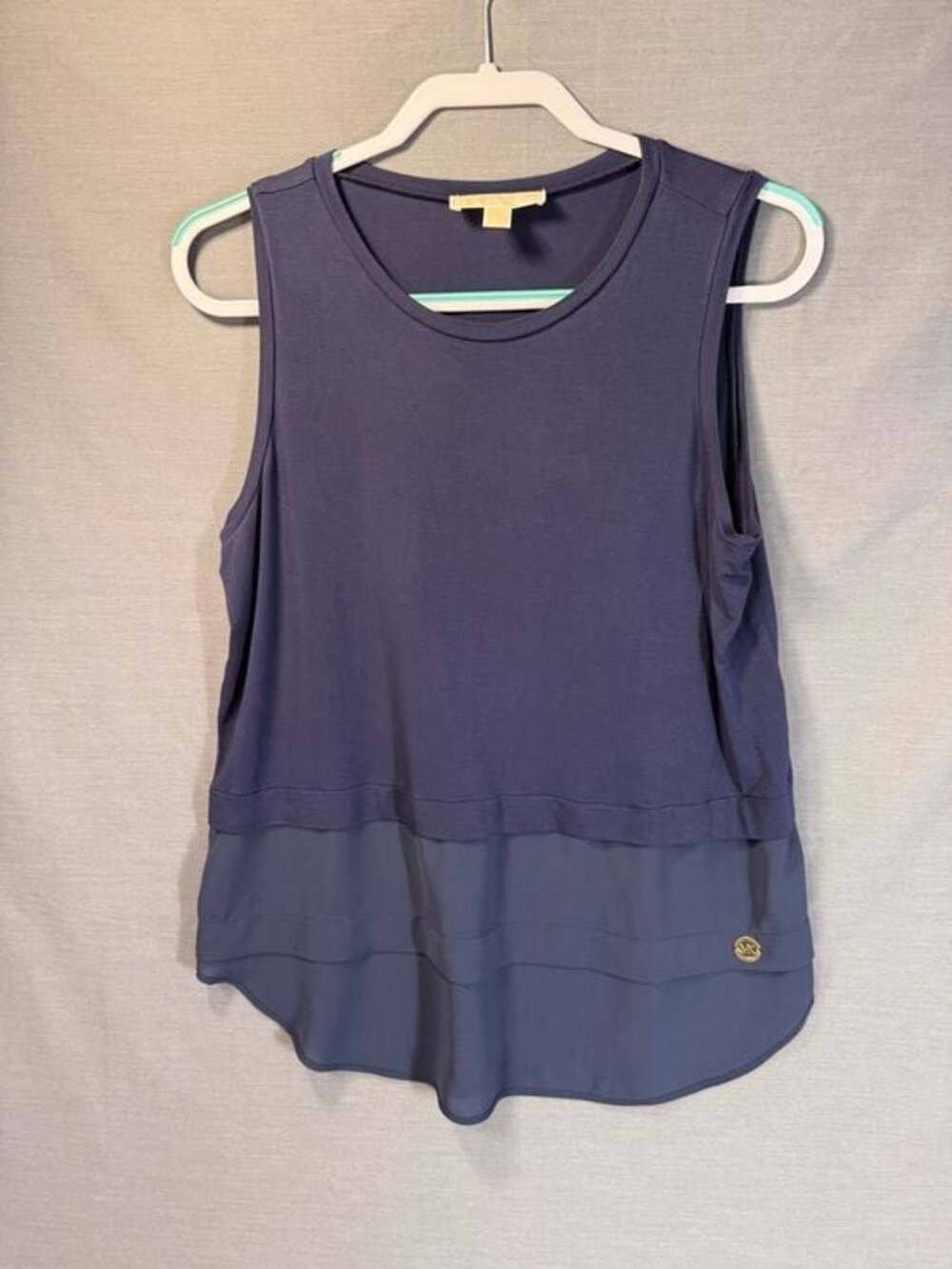 Michael Kors Navy Blue Mixed Media Sleeveless Tiered Tank Top Blouse Sz Large